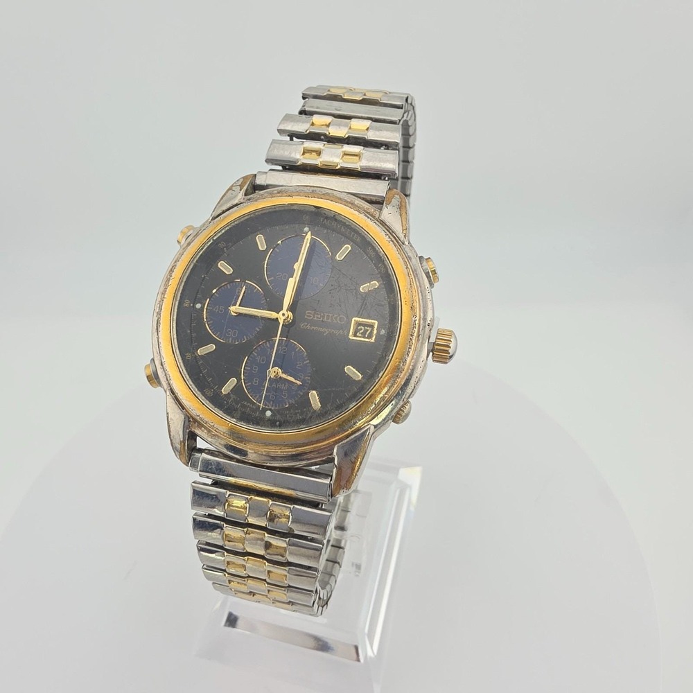 Vtg SEIKO Mens Watch 7T32-6G40 3 Sub Dials Stretch Band Stainless Gold Plate 8"